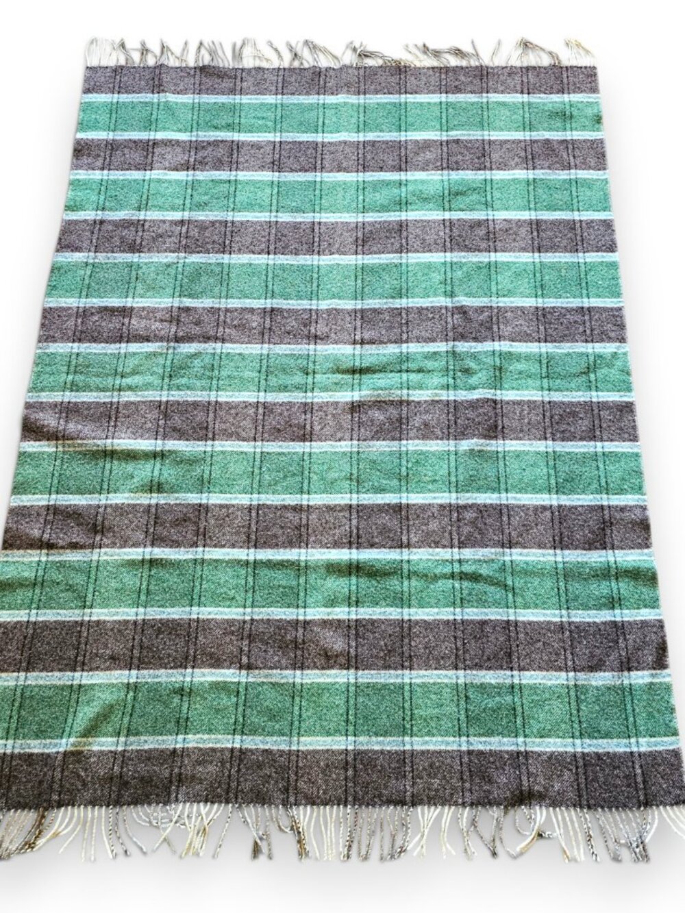 Brynkir Woollen Mill Pure New Wool Throw Blanket Green Brown Fringe 52.5x69 READ